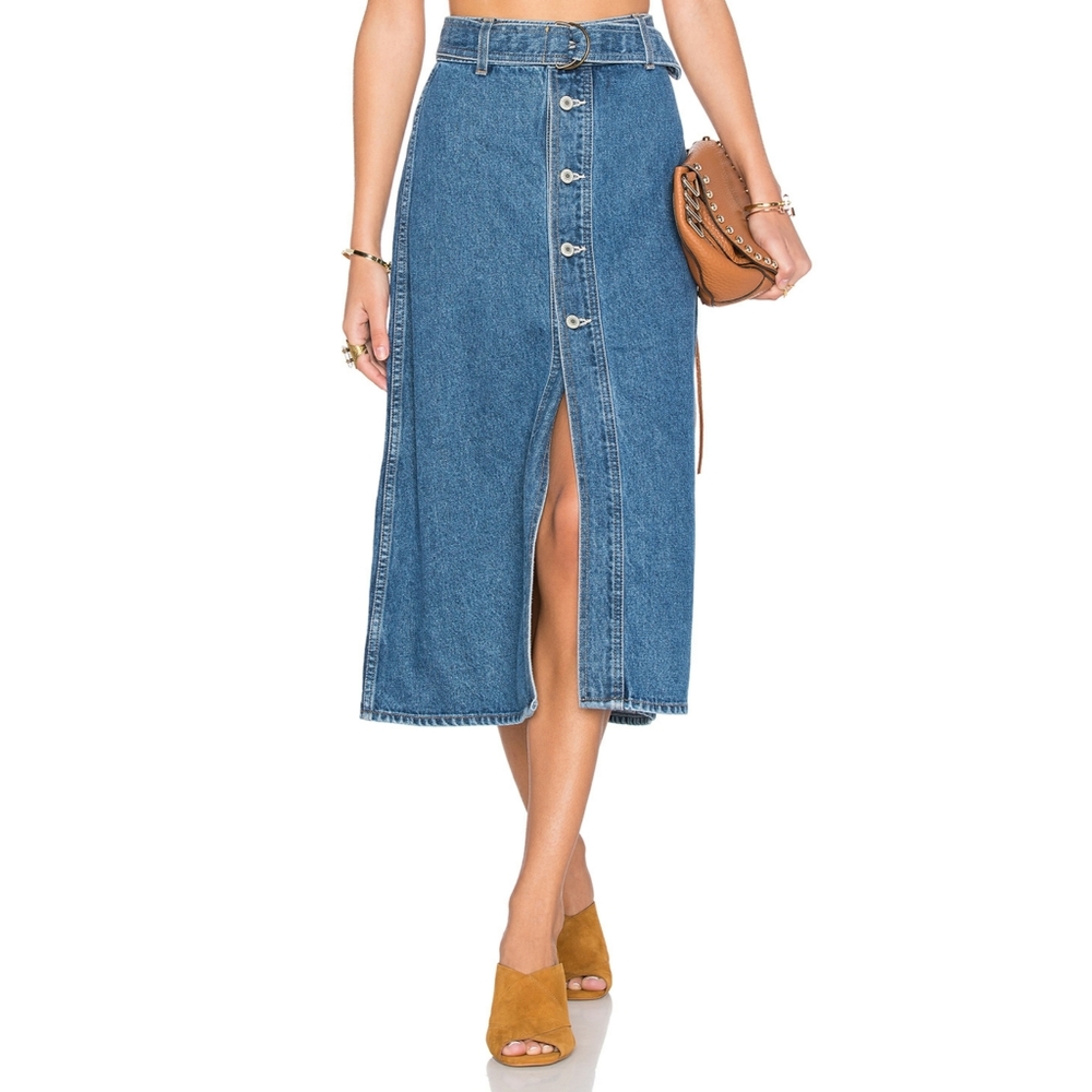 Tularosa Blue Denim Midi Jean Skirt w/ Belt Sz 26